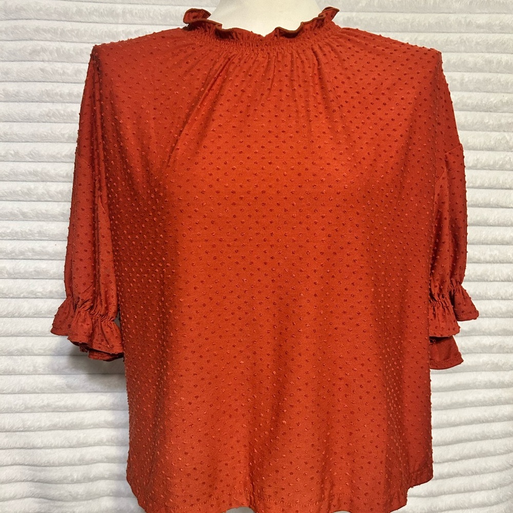 Madewell Orange Ruffled Clipdot Blouse Women’s Size Medium, Elbow Length Sleeves